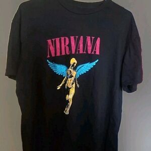 NIRVANA Black Tee with Blue and Pink Graphic Men's XL